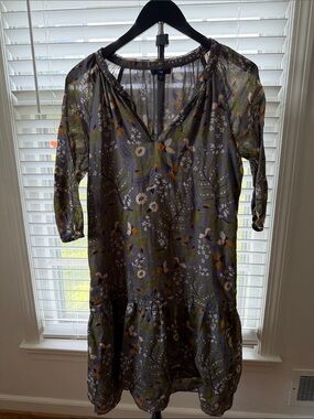 Gap Floral Boho Peasant Dress Women’s Medium Gray Long Sleeve Ruffle Hem